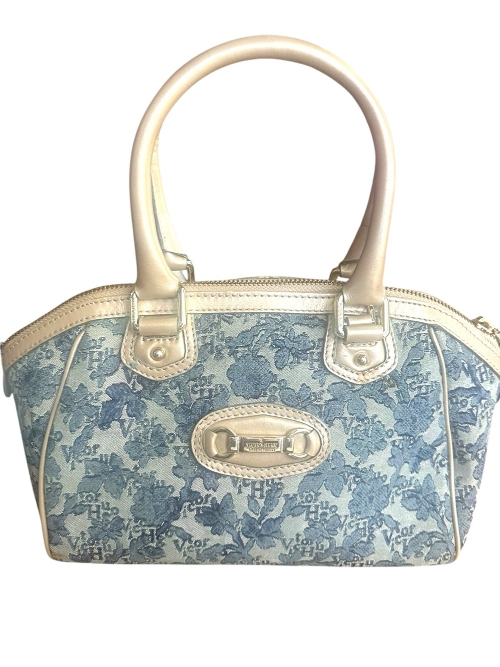 Victor Hugo Blue Floral Tapestry Satchel Champagne Top Handle Bag